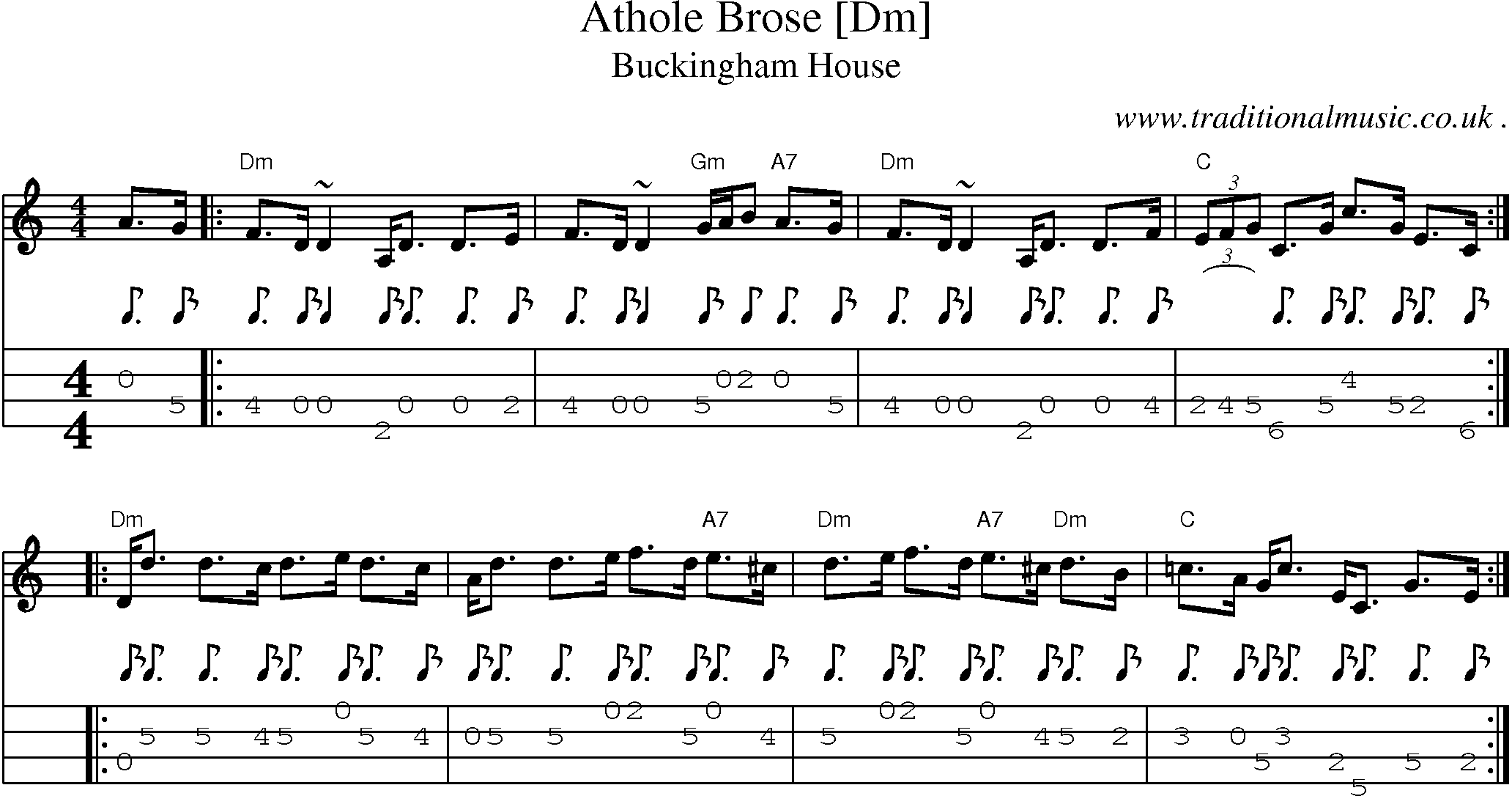 Sheet-music  score, Chords and Mandolin Tabs for Athole Brose [dm]